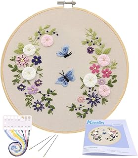 Full Range of Embroidery Starter Kit with Pattern, Cross Stitch Kit Including Embroidery Fabric with Floral Pattern, Bamboo Embroidery Hoop, Color Threads and Tools Kit (Flower Butterfly)