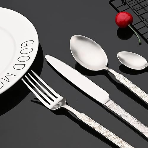 Miniatura 4 de Juego de cubiertos de acero inoxidable 304 de 24 piezas de alta calidad, juego de cubiertos martillados para 6, juego de cubiertos con acabado mate,