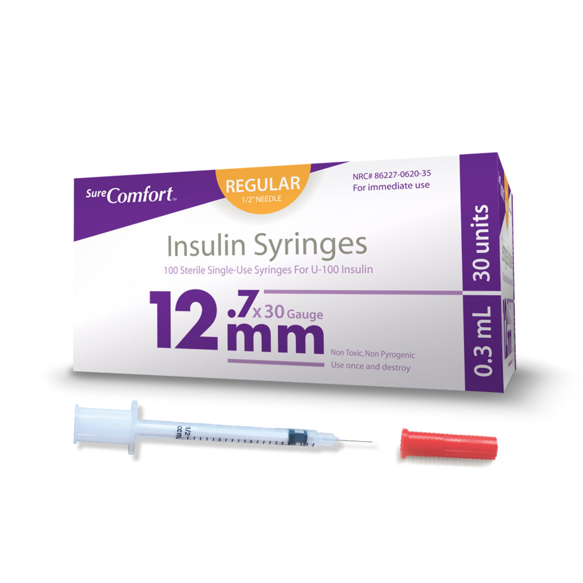 SureComfort U-100 Insulin Syringes 30G x 1/2" 3/10cc (12.7 mm), For Diabetes Care, Box of 100