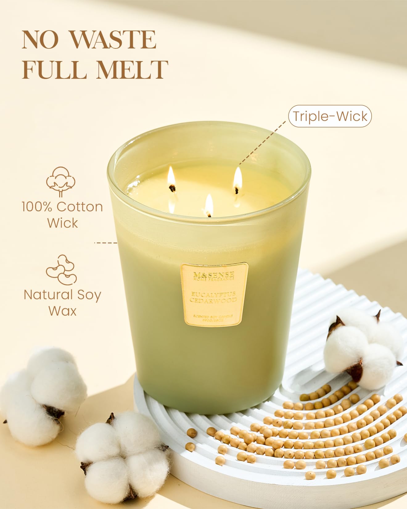 M&SENSE Bougie Parfumée Eucalyptus et Cèdre, 990g Grande Aromathérapie 3 Mèches, 150 Heures Naturelle de Cire de Soja, Décoration de Salon, Cadeau de Crémaillère pour Homme Femme