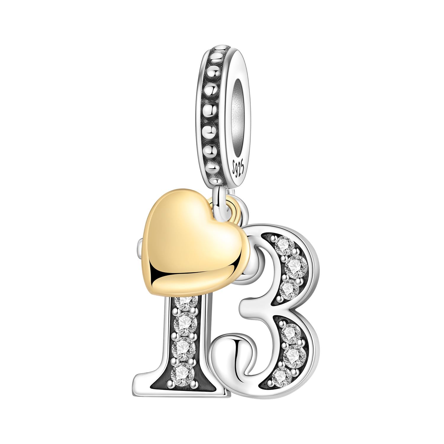 PANPOKI Number Charm for Bracelet & Necklace, Sterling Silver 925 with Cubic Zirconia & 18K Gold Plated Heart, Anniversary Birthday Age Gift (10 13 15 16 18 20 21 25 30 40 50 60)