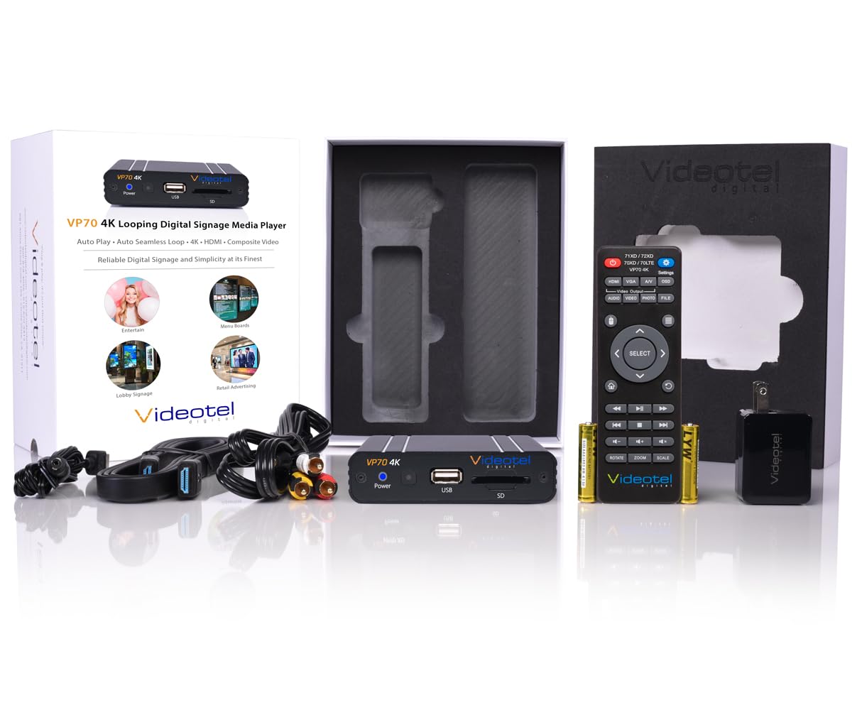 VP70 4K Videotel Digital Industrial Grade Auto Looping Digital Signage Media Player für robuste Nutzung. Automatisches Einschalten, automatische Wiedergabe und automatische nahtlose Loops Videodateien