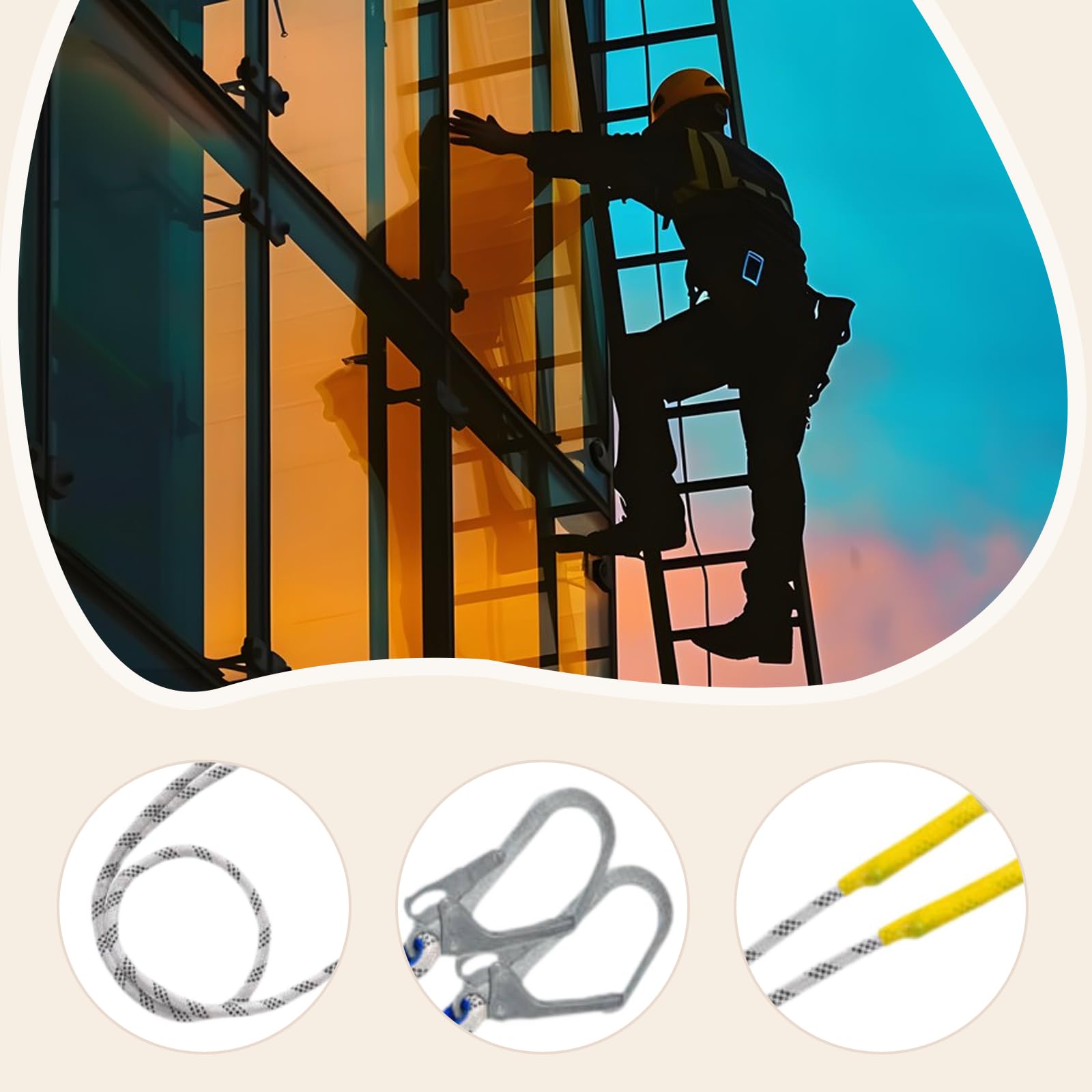 Milageto Arnés de seguridad con cordón y conector de gancho, resistente, para trabajo, de protección para espeleología y escalada, 300cm