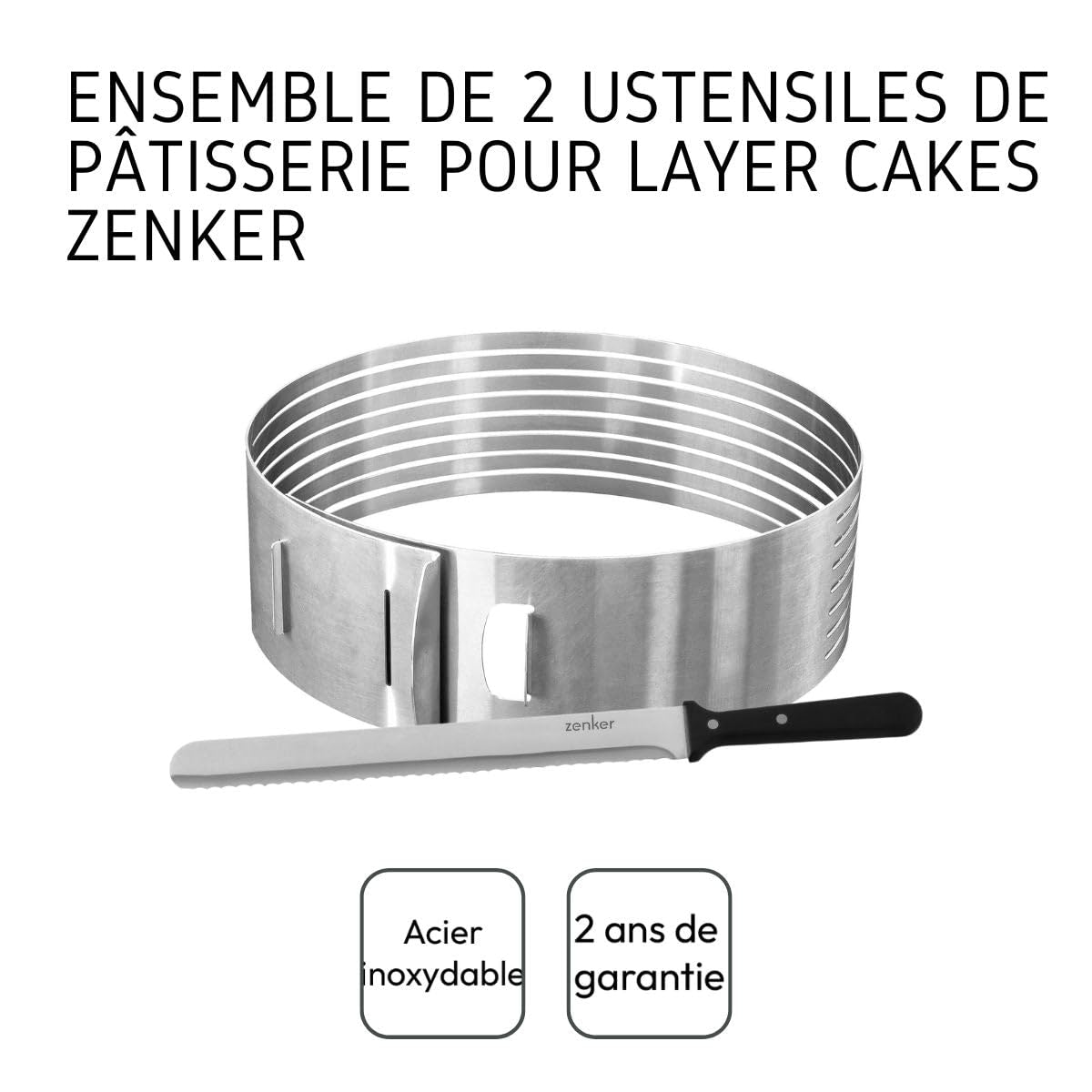 Zenker 9981650 - Juego de 2 piezas para cortar layer cake, utensilios de pastelería, cuchillo de pastelería, círculo de corte, rebanador de tartas, acero inoxidable, plástico, 30 cm, diámetro 26/28 cm