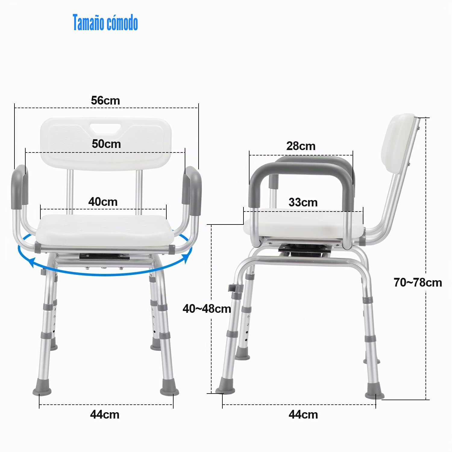 Silla de ducha con reposabrazos y respaldo, 200 kg, ajustable en altura, 70-78 cm, giratoria 360 grados, para discapacitados, ancianos y embarazadas, modelo B