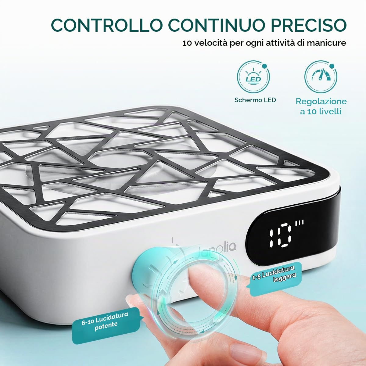 Janolia Aspiratore per Unghie Senza Fili – Mini & Compatto (18x14.9x4cm) – Portatile, 6000 Giri/min, Regolazione a 10 Livelli – con 30 Filtri di Carta Monouso per Salone e Casa