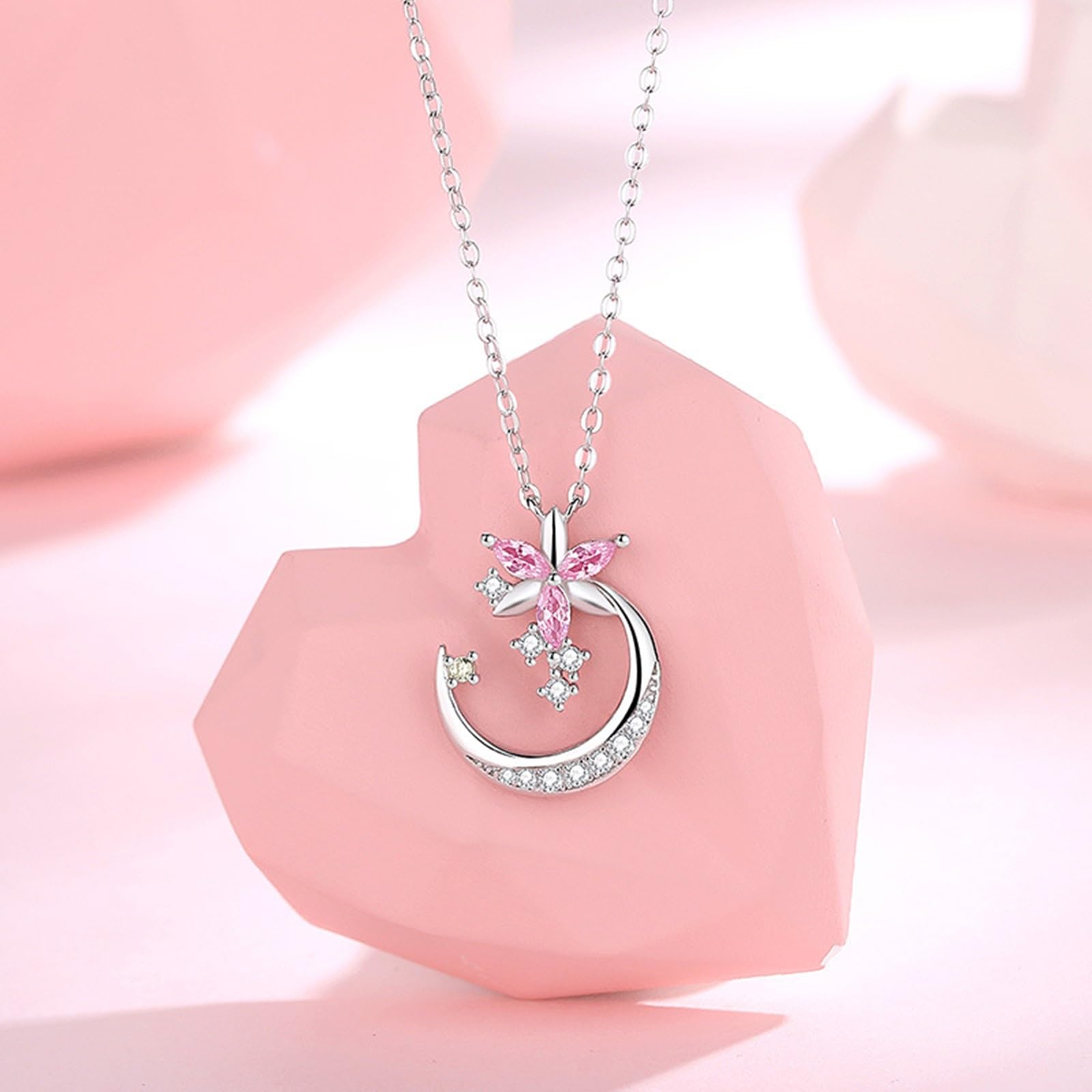 Collar para mujer, joyería de moda, collar con colgante de flor y luna de oro blanco de 9K/14K/18K con zafiro rosa creado en laboratorio y moissanita, cadena alargada: 40 + 5 cm