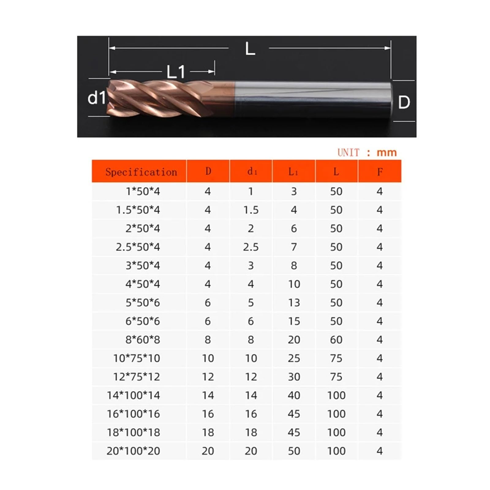 Frez 4-ostrzowy z powłoką wolframową HRC55 | Frez palcowy HRC55 z węglika wolframu, 4-ostrzowy, do obróbki skrawaniem CNC stali stopowej(18X18DX100L-4F)