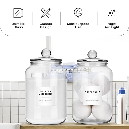 Miniatura 5 de Tarros de vidrio para la organización de la lavandería, paquete de 2, recipientes de vidrio de 0.5 galones con tapas, perfectos para hojas de