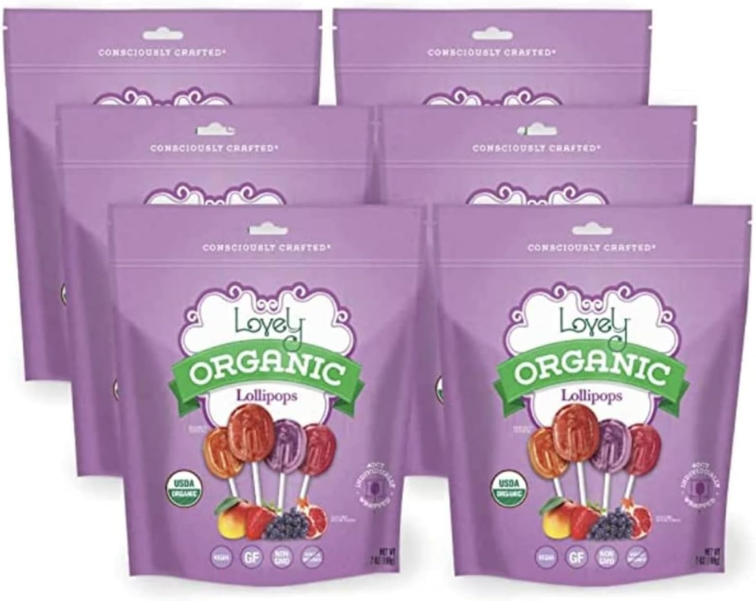 Lovely Candy Co. Organic Lollipops, Individually Wrapped, 7oz (6-Pack), Vegan, Gluten-Free, Non-GMO, NO Artificial Colors or Flavors, Mango, Strawberry, Grape & Pomegranate