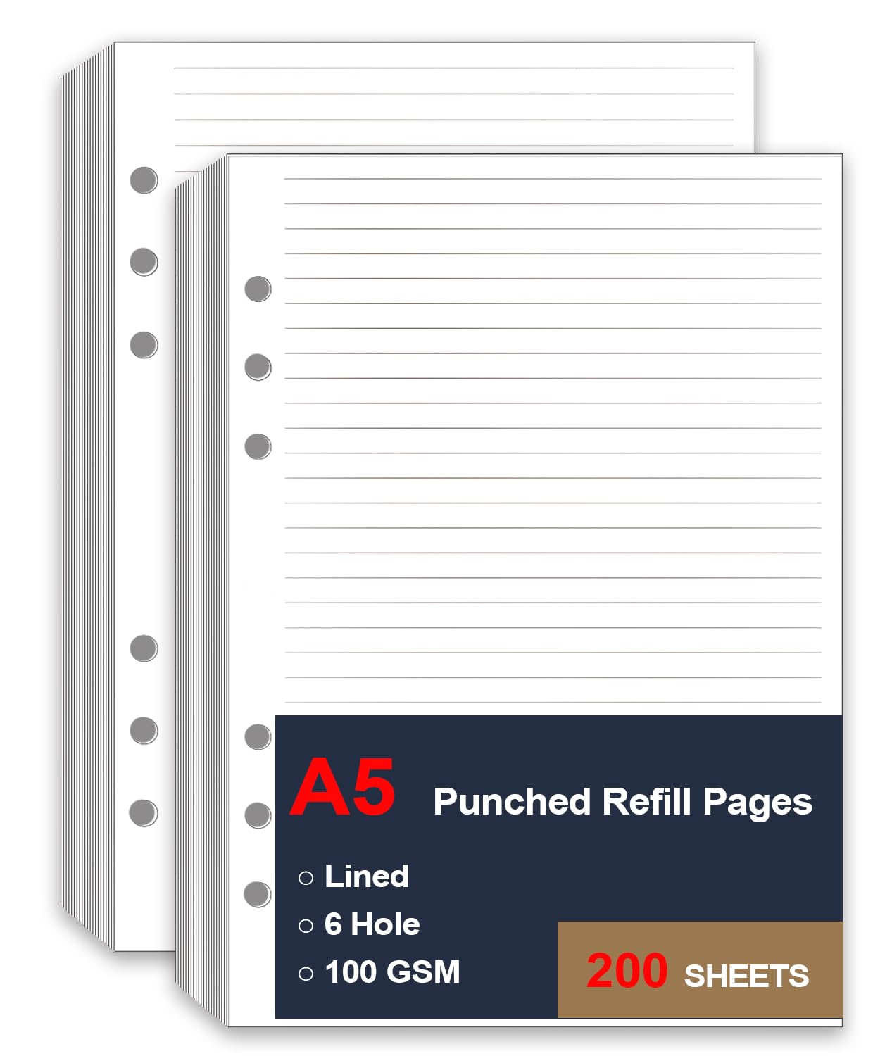 (2 Pack) A5 Lined Paper Refill, 6 Hole Refills Paper for 6 Ring Refillable Binder, A5 Filler Paper, Loose Leaf Paper for Filofax Planner Refills, Organizer, 200 Sheets/400 Pages, 100gsm, 5.8 x 8.2 In-image-33