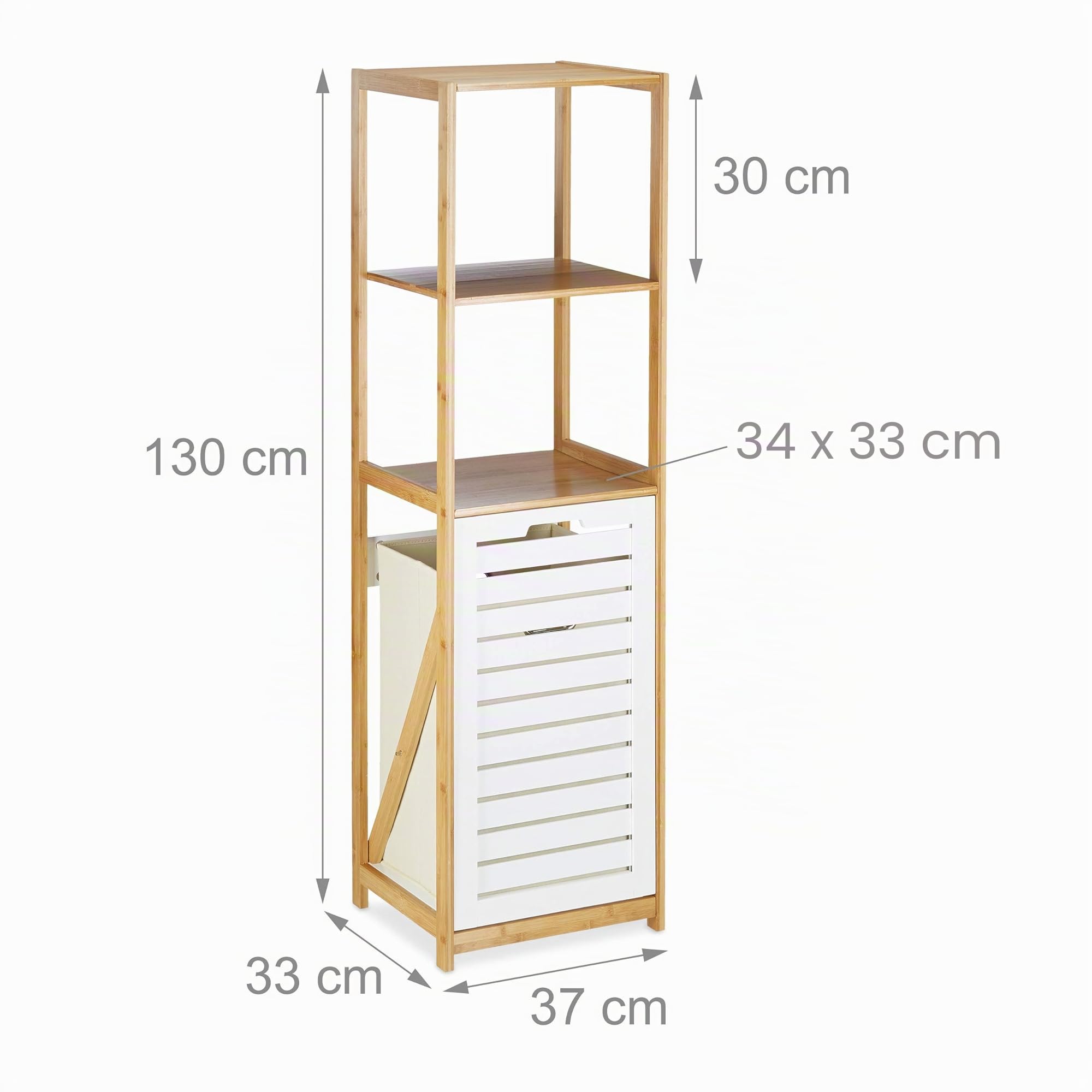 Relaxdays Scaffale a Colonna per il Bagno con Cestino Portabiancheria, Bambù, 3 Ripiani, HxLxP 130 x 37 x 33 cm, Marrone