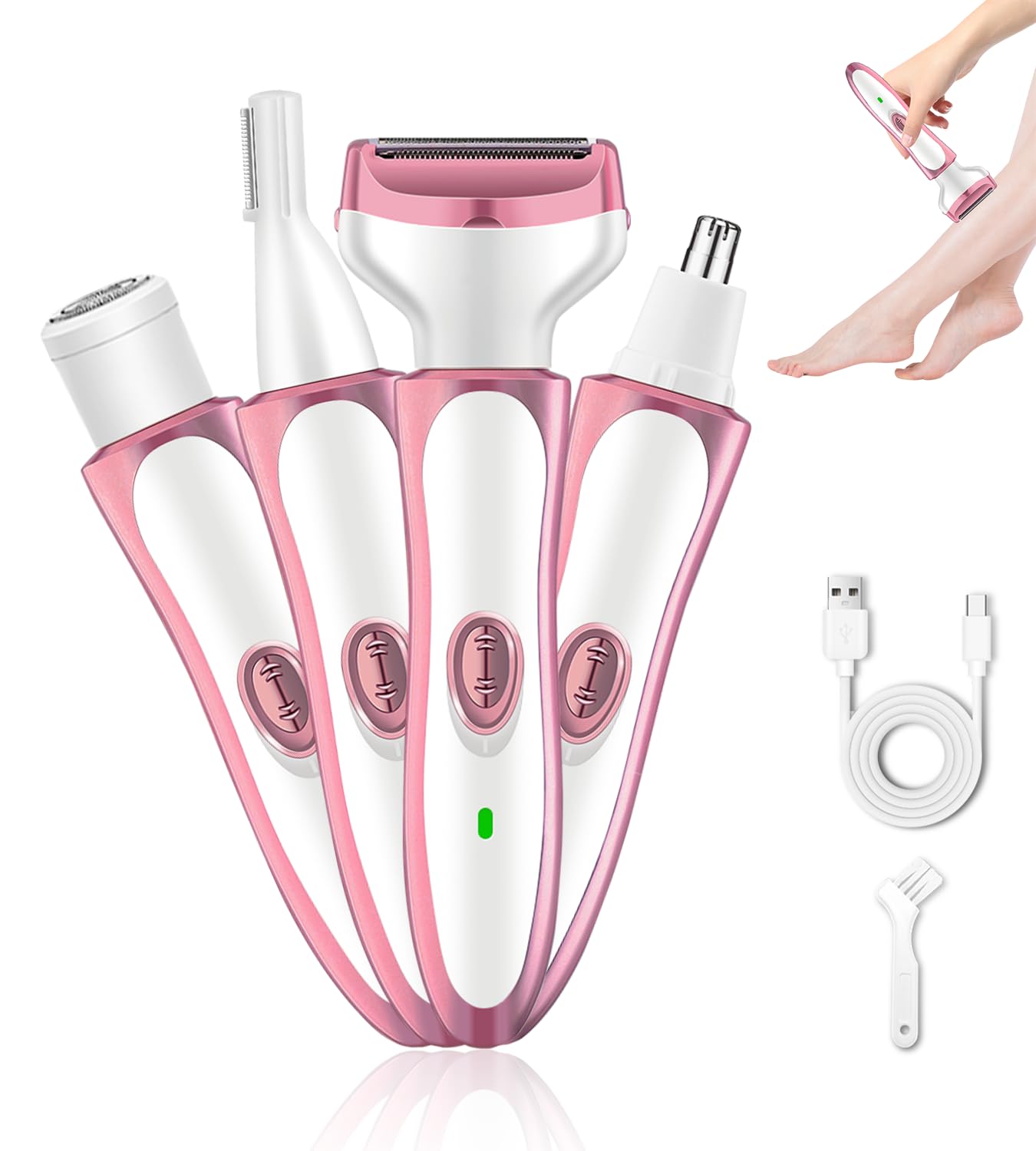 Maquinilla de afeitar eléctrica para mujer, recortadora de bikini 4 en 1, maquinilla de afeitar eléctrica para mujer, inalámbrica, recargable, húmeda y seca, sin dolor, depilación facial para mujer