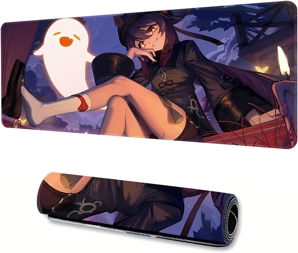Anime Mouse Pad Large Gaming Mouse Pad Durable Non-Slip Natural Rubber Base Hu Tao 10 Genshin Impact Mouse Pad for Office and Home(31.5 * 11.8 inch)