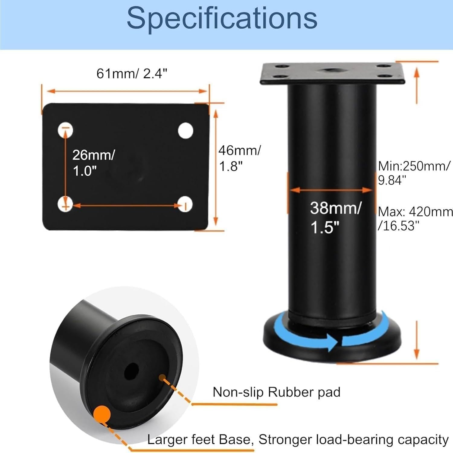 YELIKIT 2-Piece Bed Support Legs - Adjustable Metal Furniture Legs, 25-42cm for Bed Sofa, Cabinet, Couch, Dresser, Table, YDFL-P-007 - Image 3