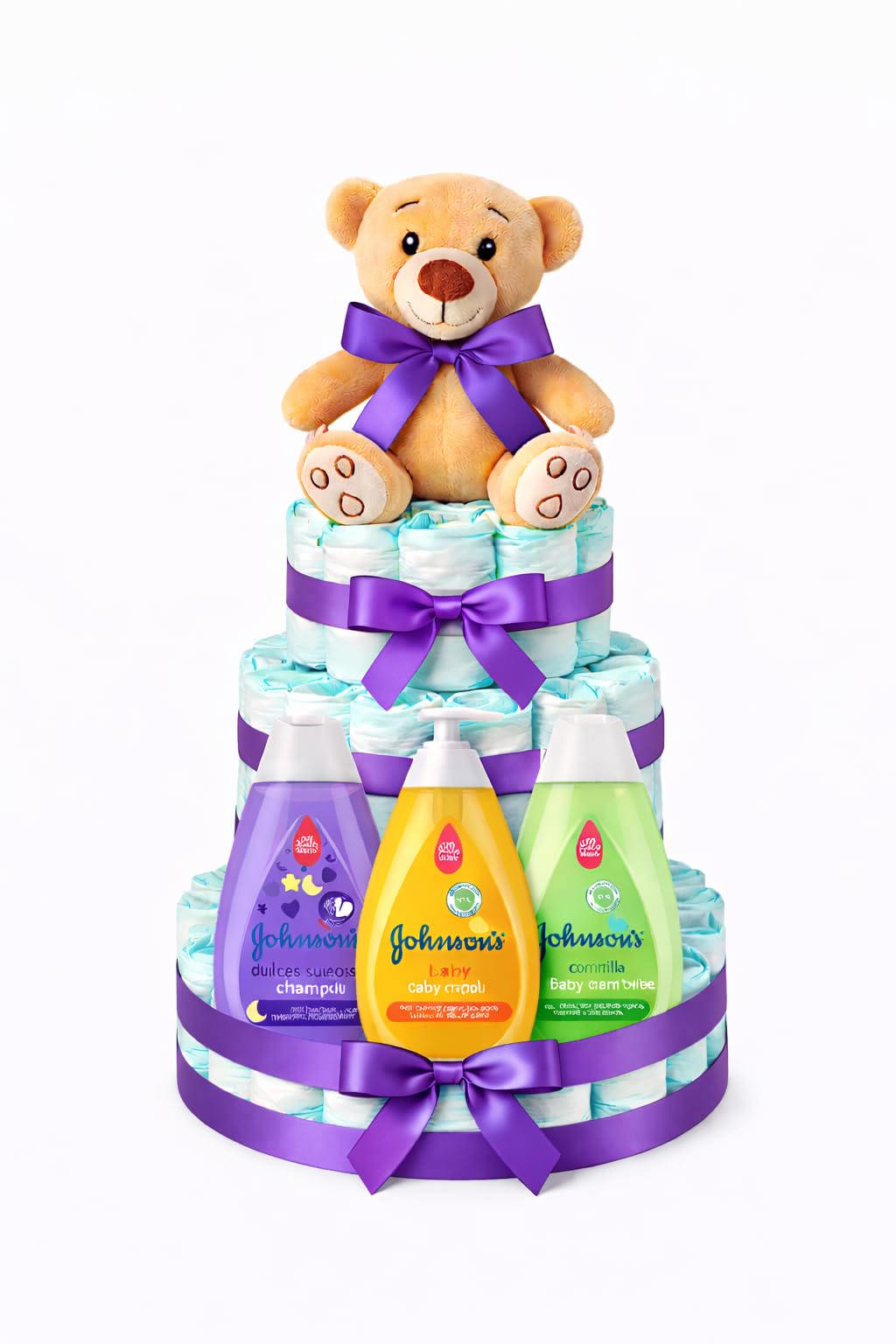 Tarta de pañales Johnson´s baby morado (Talla 2 (3-6 kg)) by MomentosGourmet Añade tu dedicatoria personalizada. Regalo para bebé muy práctico. Cesta Canastilla recién nacido. Diaper Cake