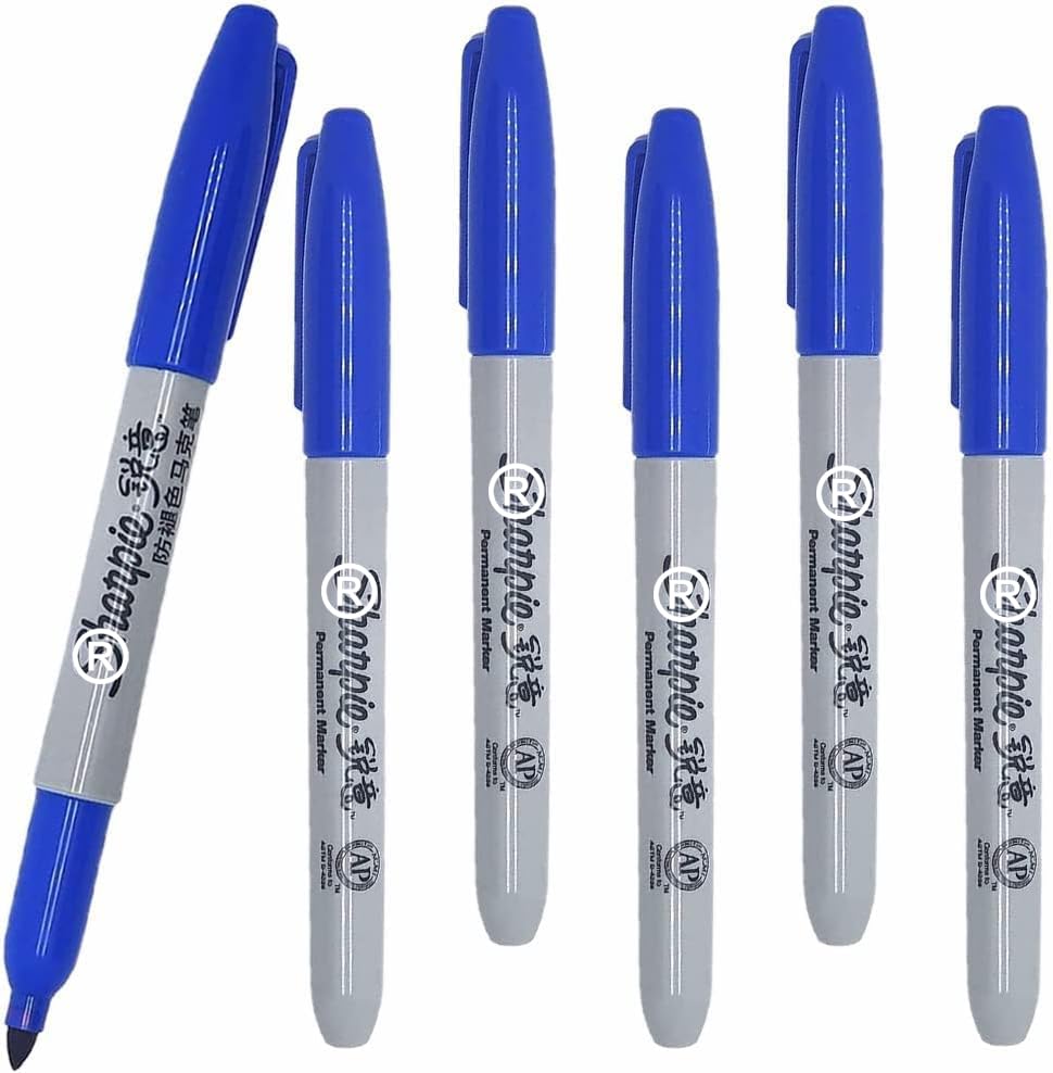 6 x Sharpie Permanent Marker Pens with Fine Point Tip for Paper Metal & Plastic Dark Blue Colour Ink - Loose in Plain Packaging [ASIA IMPORT]