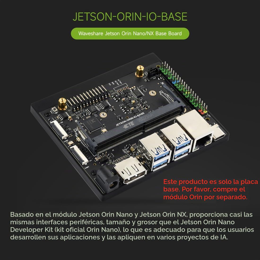 Waveshare Jetson Orin Nano/NX AI Development Board, with Two 4-Lane CSI Ports, Two M.2 Key M and One M.2 Key E Ports, 5 USB Ports, 4K High-Definition DisplayPort Port, Compatible with Orin Module