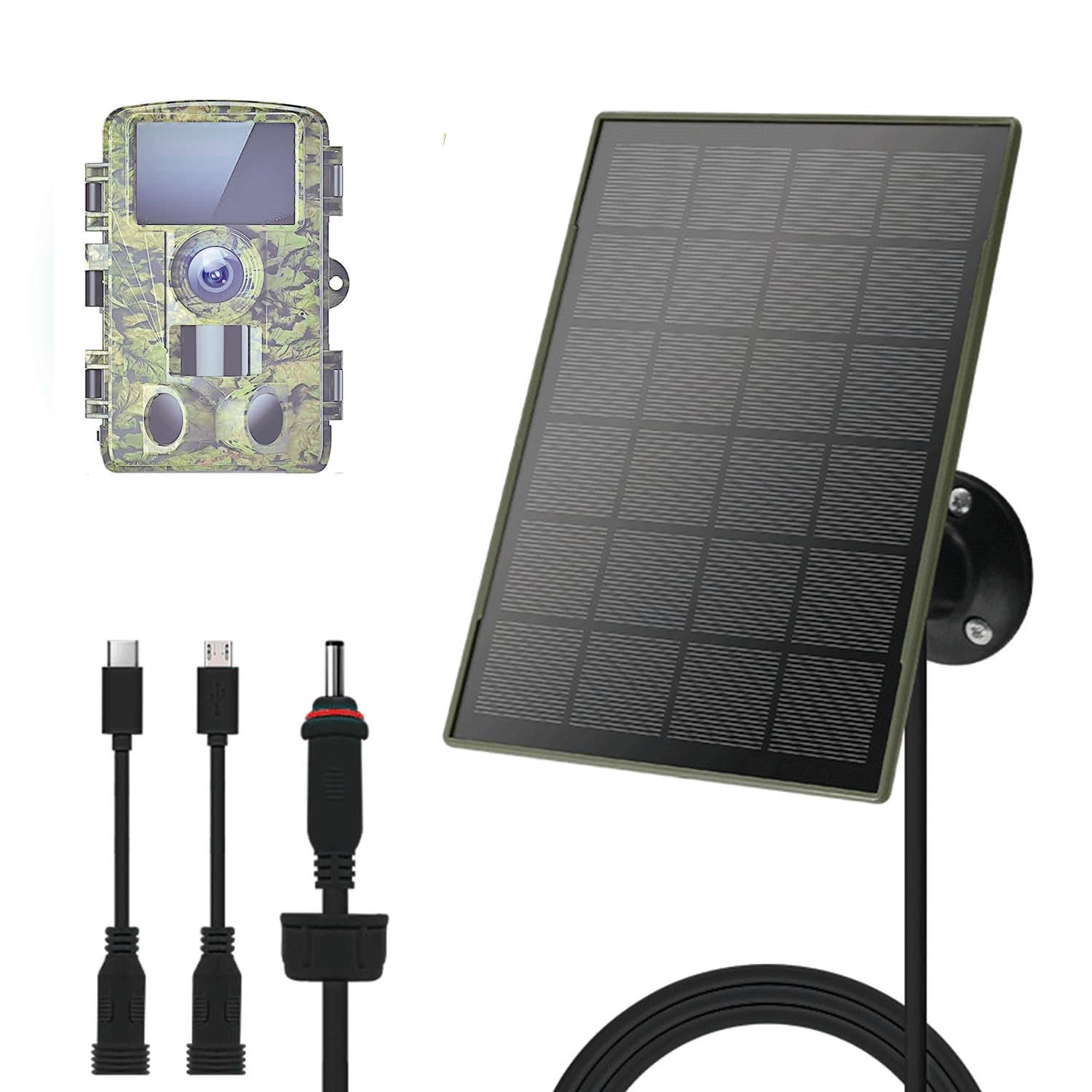 1 Pack Trail Cameras Solar Panel 3W/5V, Built-in 6000mAh Battery,IP66,Type-C/Micro-USB/DC Three interfaces, Compatible with Hunting Cameras or Bird Feeder Cameras (3G/4G)