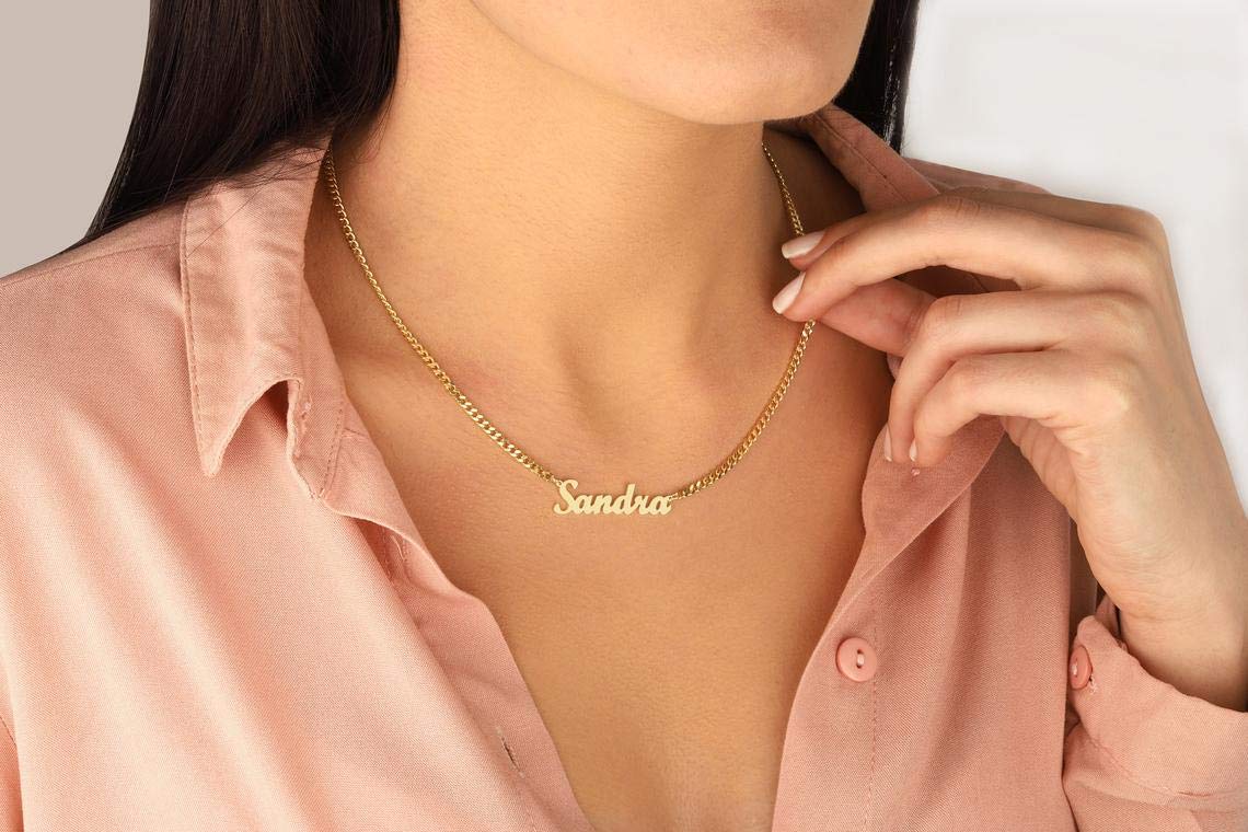 TinyName Custom Name Necklace Personalized 18K Plated Nameplate Customized Jewelry Gift for Women: Horizontal Name Necklace-Curb Chain