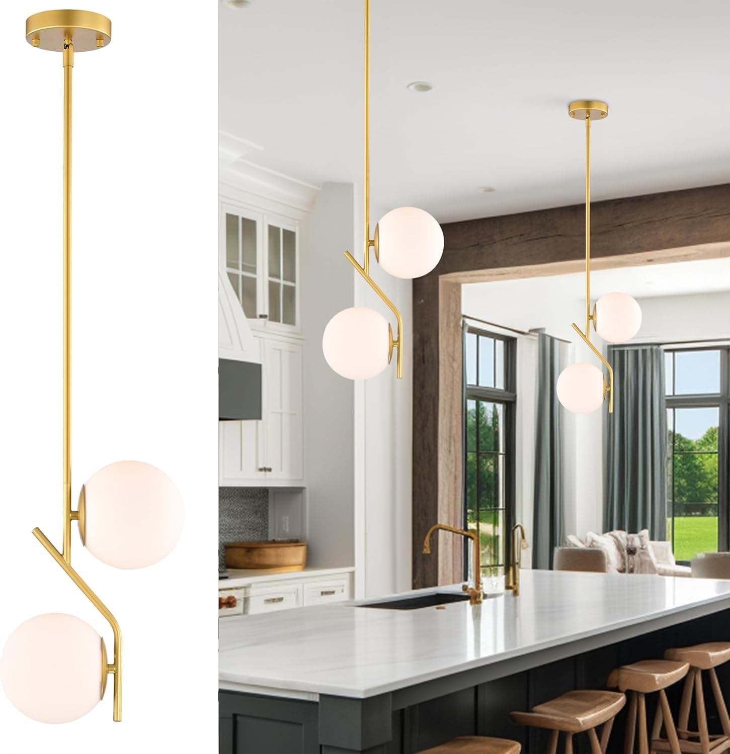 Lustre îlot de cuisine E14 doré suspension moderne verre blanc