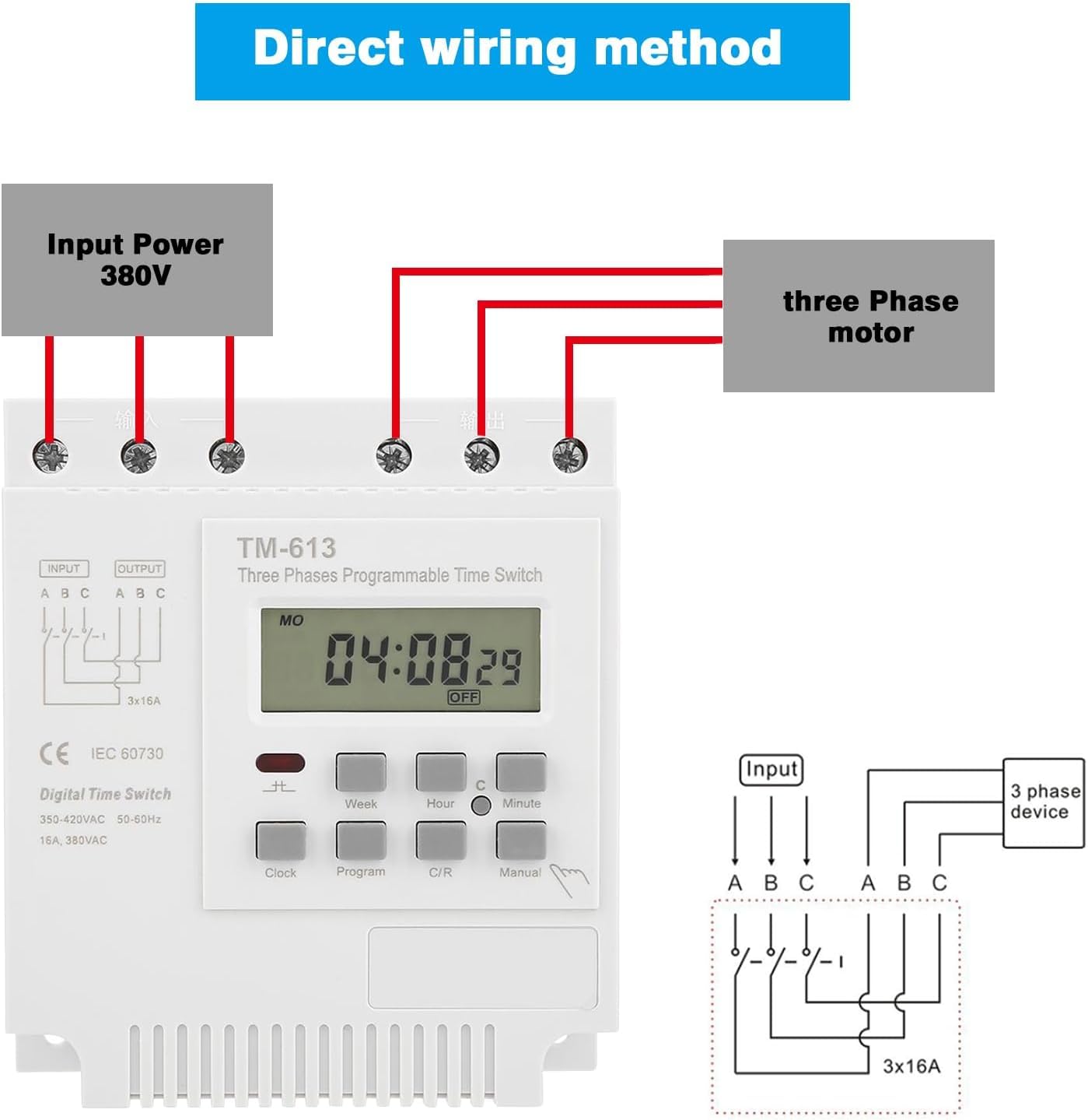 DEWIN Minuterie Programable, TM-163 Triphasé 380V Relais Temporisé Commutateur de Minuterie de Puissance de Contrôle Hebdomadaire Numérique Intelligent pour Moteur Triphasé 350V-420VAC
