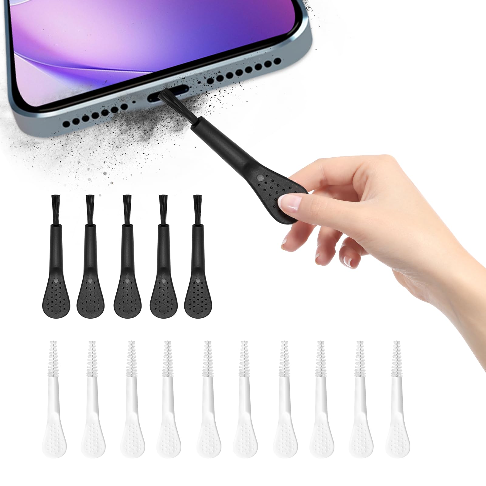 CLANMOU 15 Pack Phone Charge Port Cleaning Tool kit, Including 10Pcs White Anti-Clogging Cleaner and 5Pcs Black Mini Brushes for iPhone 16 Pro Max