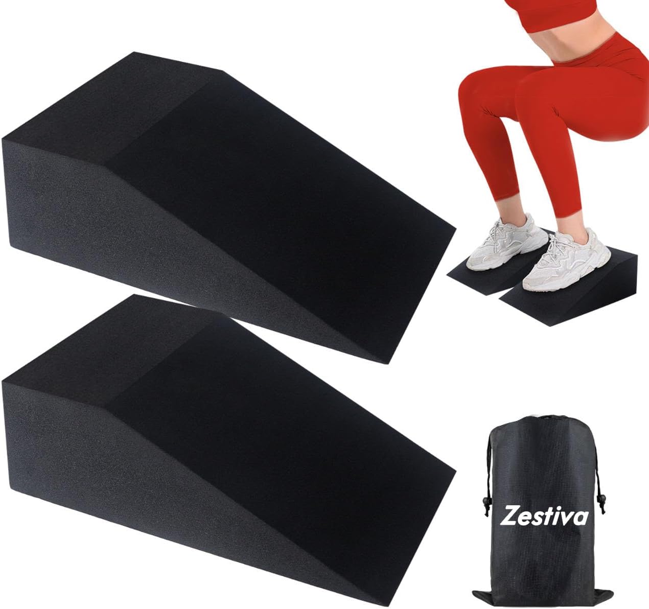 Zestiva Non-slip Lightweight Squat Wedge Foam Blocks and Yoga Blocks In One, for Heel Elevated Squat, Weightlifting Calf Stretcher, Workout Wedge Blocks, Improve Mobility Balance and Strength Performance, Squat, Pushup, Weightlifting, Yoga, Effective Stretching