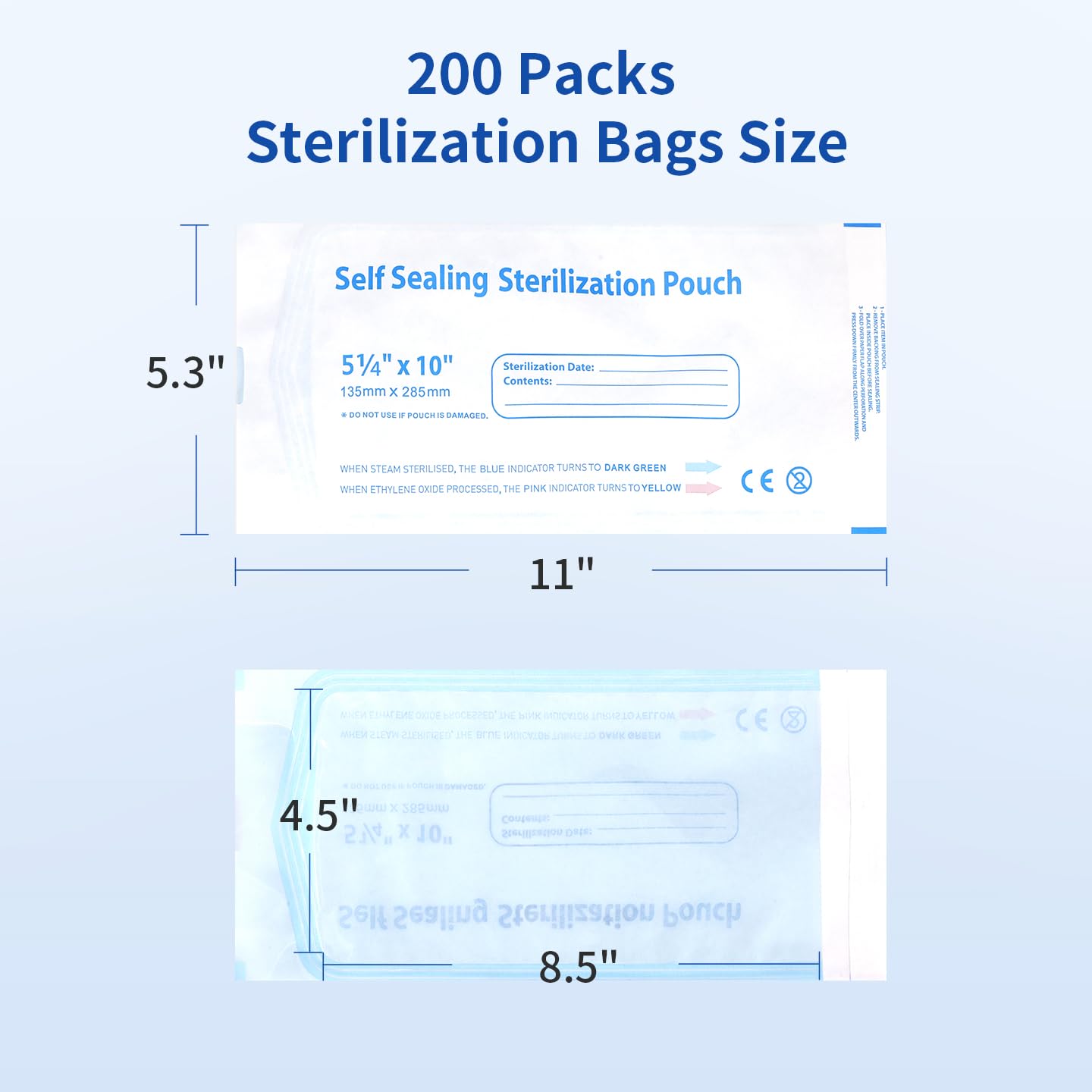 Paquete de 200 bolsas de esterilización autosellantes de 5.3 x 11 pulgadas con indicador de cambio de color, bolsas esterilizadoras de autoclave para herramientas dentales, tatuajes