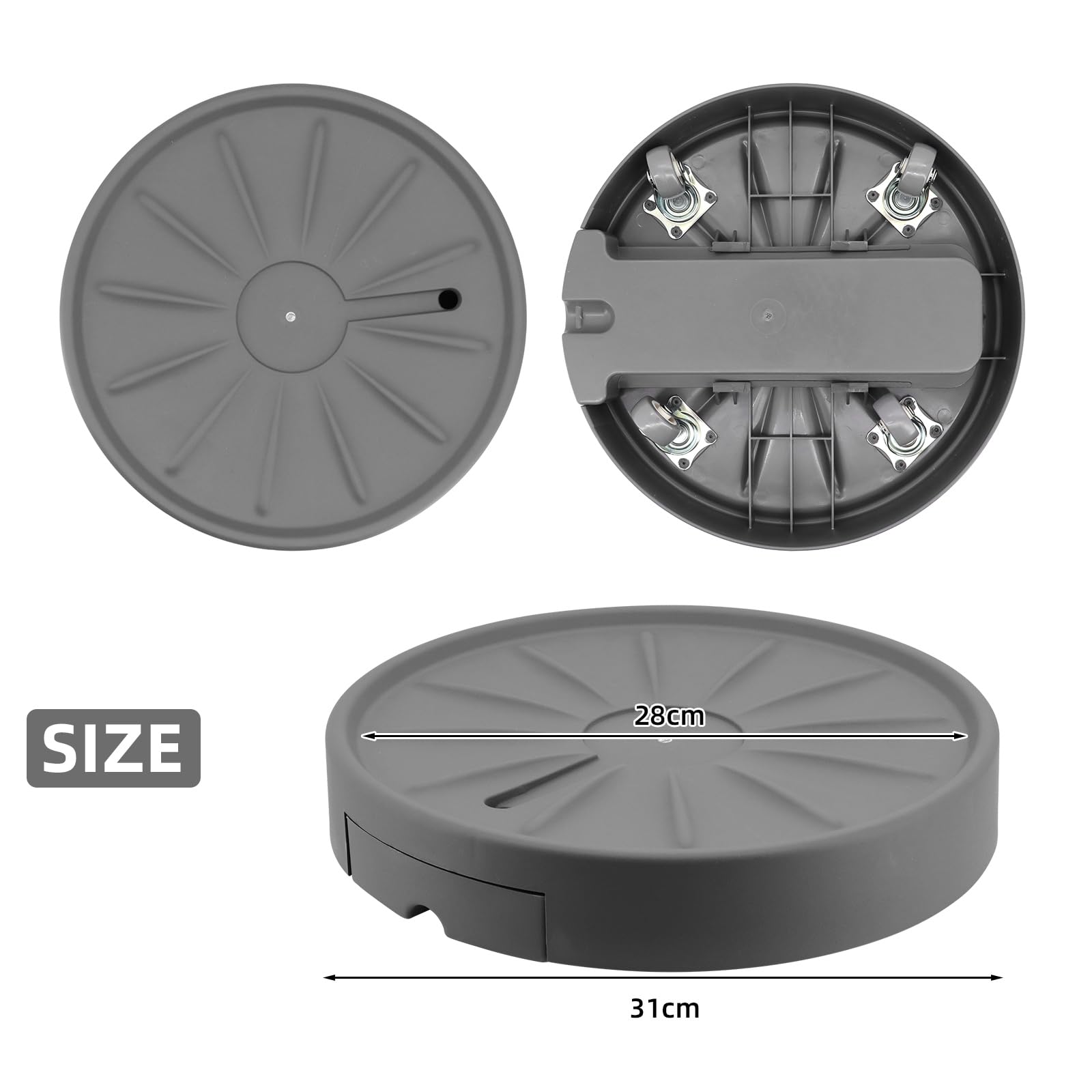 MoYouno Confezione da 2 contenitori per piante rotondi da 28 cm, con ruote mobili invisibili, carrello per fioriera con contenitore per l'acqua, per casa, giardino, ufficio, supporto per vasi per