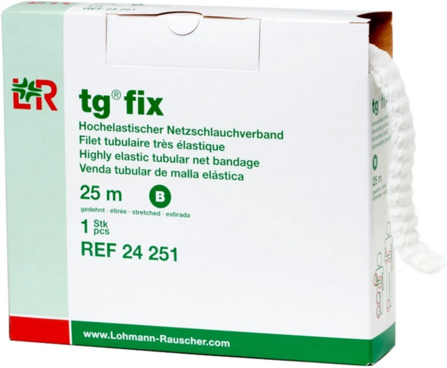 Lohmann & Rauscher tg Fix Net Tubular Bandage, Elastic Mesh Retainer for Wound Dressings, Size B for Small Extremities, 40cm x 25m, Wide-Mesh, Bi-Elastic, Ladder‑Proof, Cuttable Netting