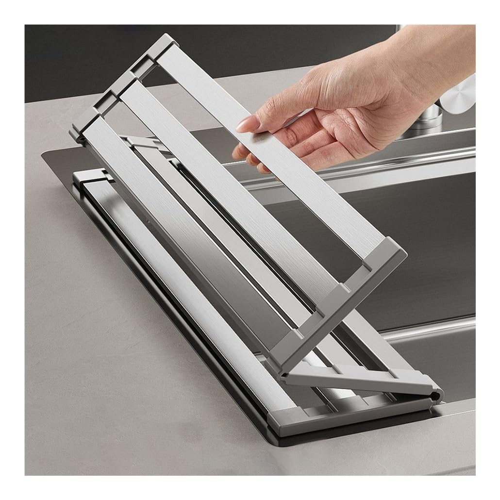 Escurridor de Platos Extensible de Acero Inoxidable 304 de 43,5/52,5 Pulgadas para Colocar sobre el Fregadero, Plegable, Antideslizante y Resistente al Calor.
