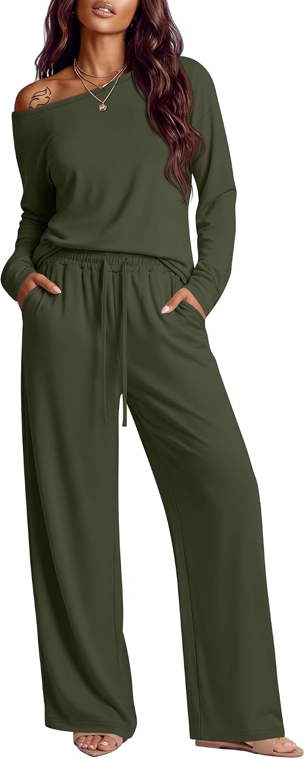 Locoowai Women's 2 Piece Outfits Fall Sweatsuits off Shoulder Long Sleeve Tops and Wide Leg Pants Casual Lounge Matching Set