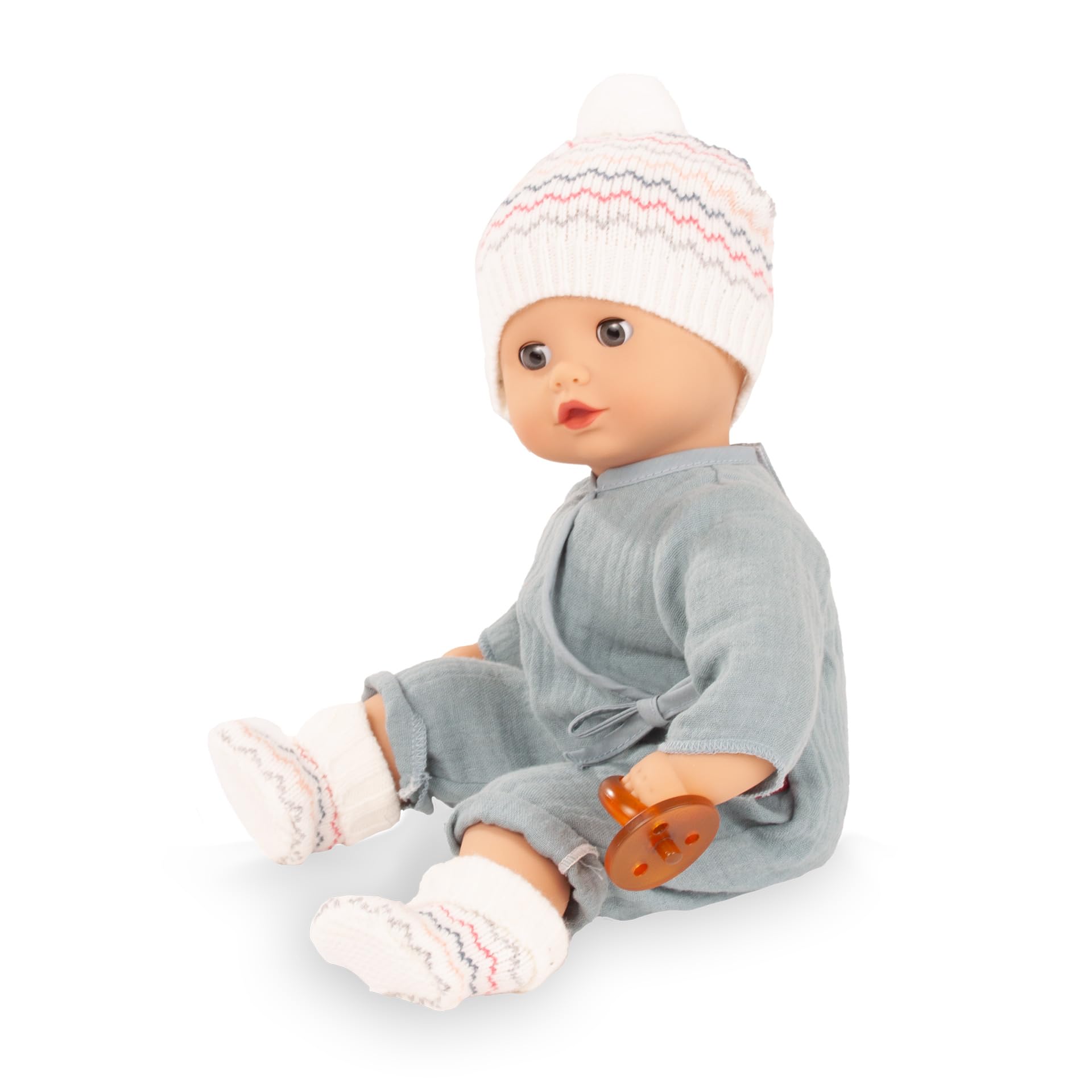 Götz 2620580 Muffin Baby Zick Zack Puppe 33 cm Babypuppe Blaue Schlafaugen | 6-tlg, ohne Haare, Weichkörper, für Kinder ab 18 Monaten, waschbar, mit Schnuller, Anzug, Strickmütze und Strickschuhen