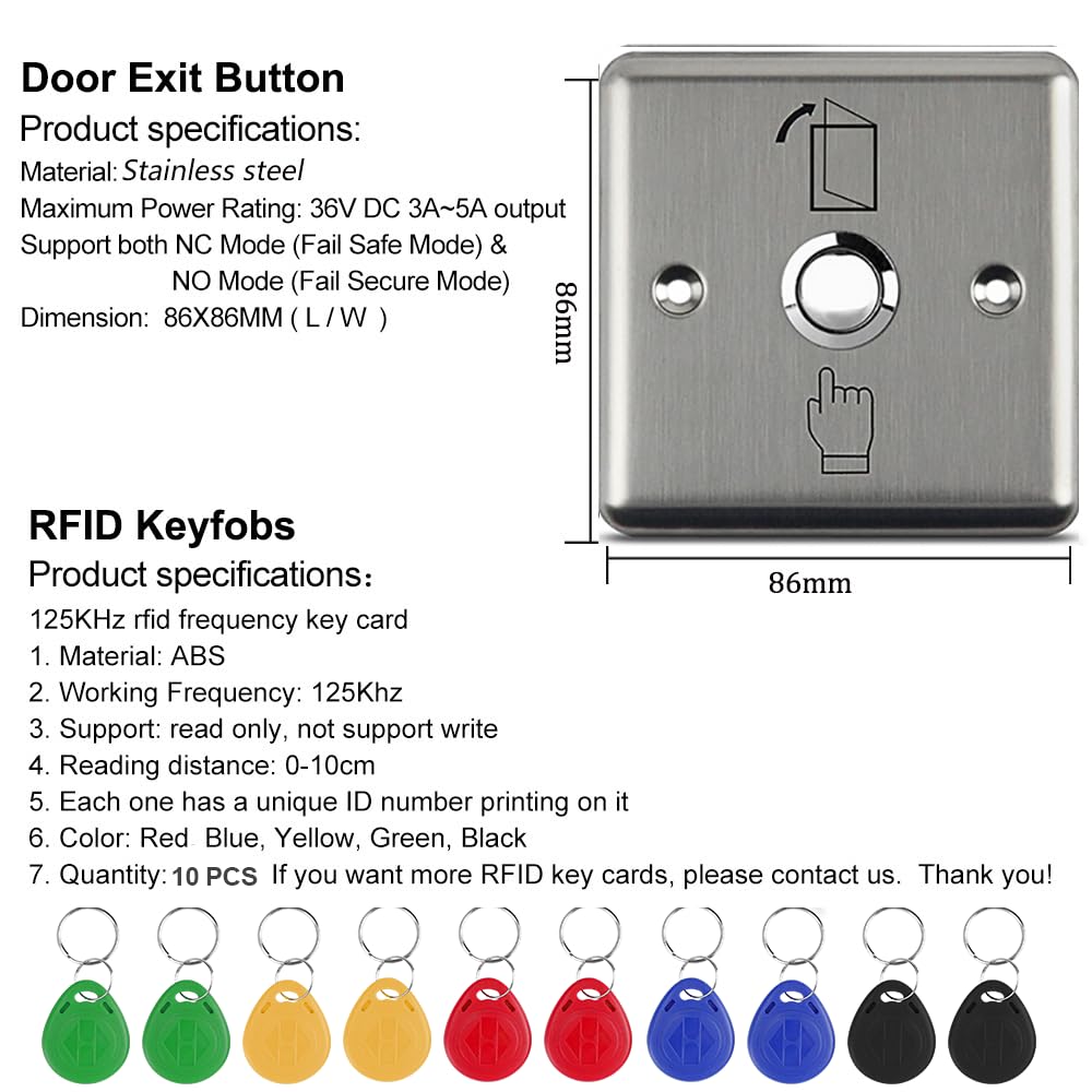Access Security Systems Contrôleur d'accès étanche IP68 avec alimentation CC, bouton interrupteur de porte, 10 porte-clés d'identification, sans serrure