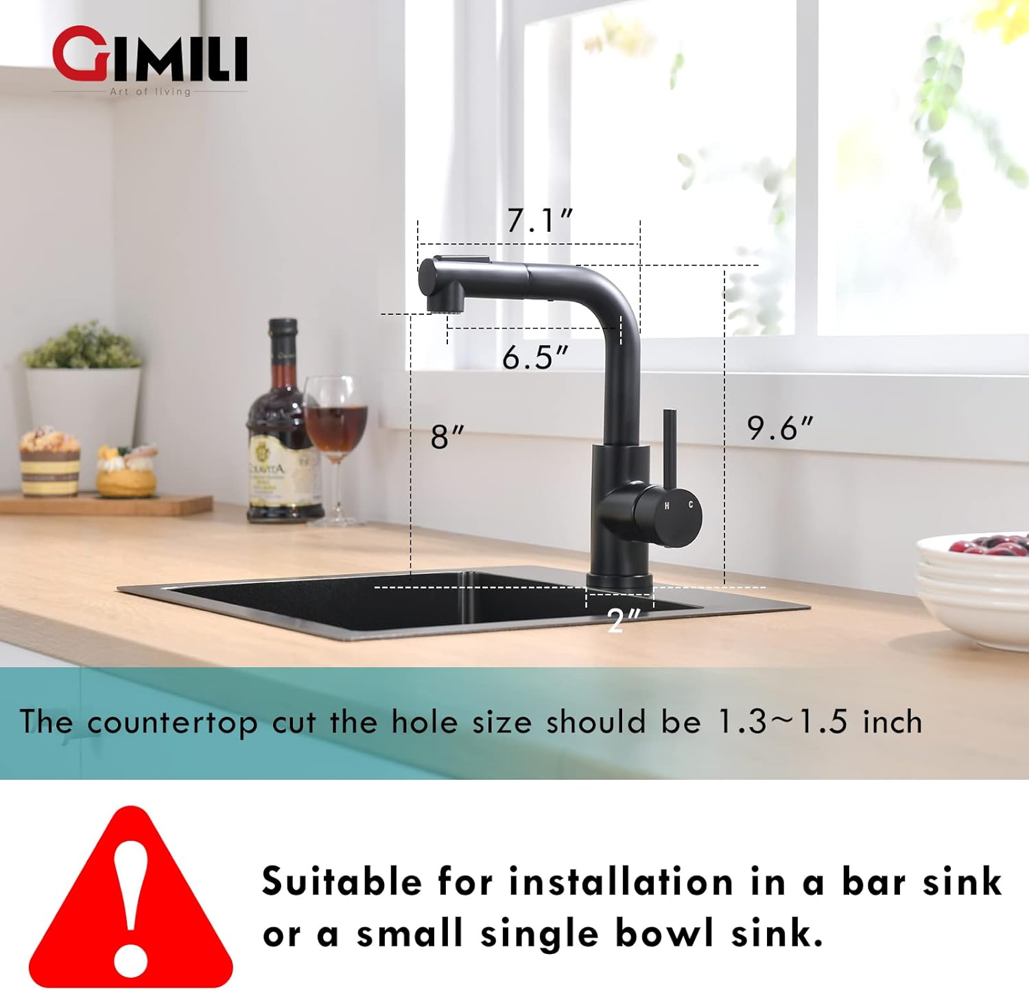 GIMILI Modern Bar Sink Faucet for Kitchen Sink Single Handle with Pull Out Sprayer Hot and Cold Prep Sink Faucet Matte Black