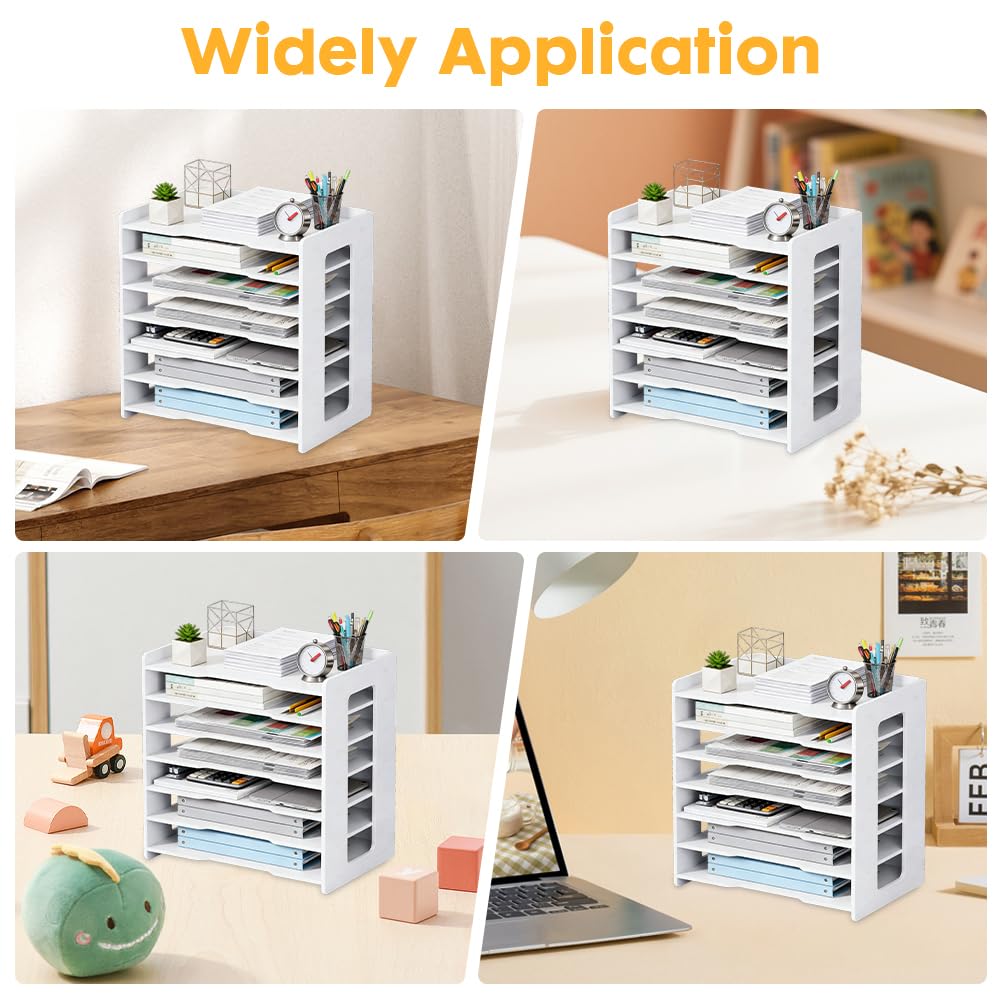 Organizer da scrivania formato A4, vassoio per lettere, porta documenti, formato A4, organizer per documenti, organizer per casa, ufficio, scuola (bianco, 7 ripiani)