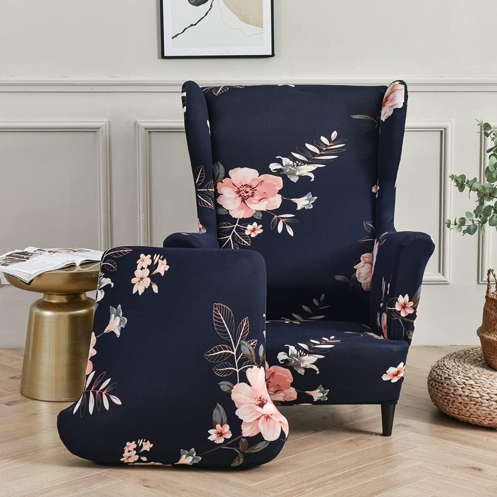 2-Pezzi Copripoltrona con Orecchie Elasticizzato, Elegante Fiori Copridivano da 1 Posto Strandmon con Fodera per Cuscino, per Bar Soggiorno Camera da Letto Reception(C)