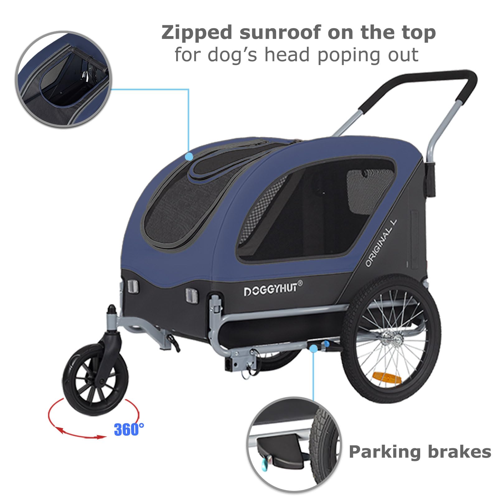 Doggyhut® Original Large Pet Bike Trailer & Stroller 2-in-1,for Dogs up to 78 lbs,Parking Brakes,Easy Folding Cart Frame, Quick Release Wheel, Universal Bicycle Coupler (Blue) : Pet Supplies
