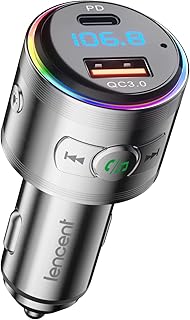 LENCENT Bluetooth 5.3 FM Transmitter,Full Metal Bluetooth car Adapter with PD 20W & QC3.0 Fast Charger,Hi-Fi Music/Clear Calling car FM Bluetooth Adapter,【Color Light】