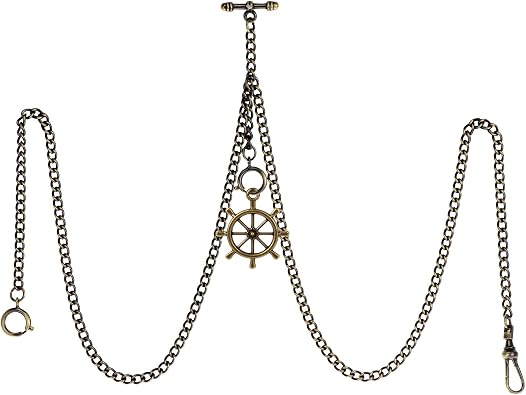 TREEWETO Mens Double Albert Chain Pocket Watch Curb Link Key Chain 3 Hooks with Antique Rudder Pendant Design Charm Fob T Bar