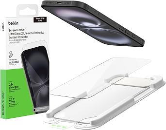 Belkin iPhone 16 /15 /14 Pro UltraGlass 2 Lite Anti-Glare Protective Film Glass Film 0.29mm Fingerprint Shatterproof Antimicrobial Treatment with Improved Installation Guide OVA273qc