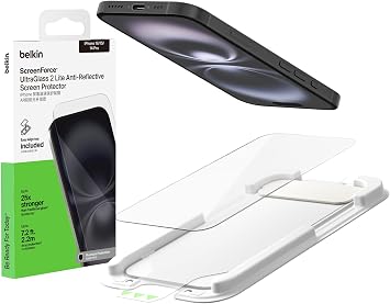 Belkin iPhone 16 /15 /14 Pro UltraGlass 2 Lite Anti-Glare Protective Film Glass Film 0.29mm Fingerprint Shatterproof Anti-Bacterial Treatment with Improved Installation Guide OVA273qc