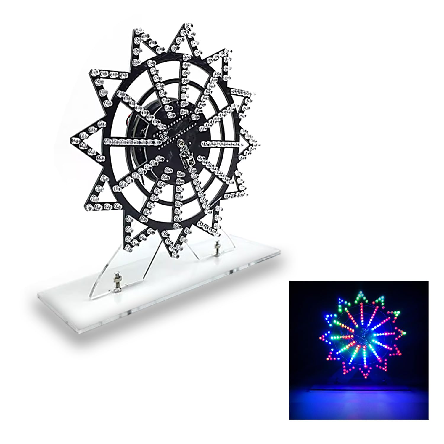 Assembled HUAGZIMO 7-Color Ferris Wheel LED kit displaying colorful patterns