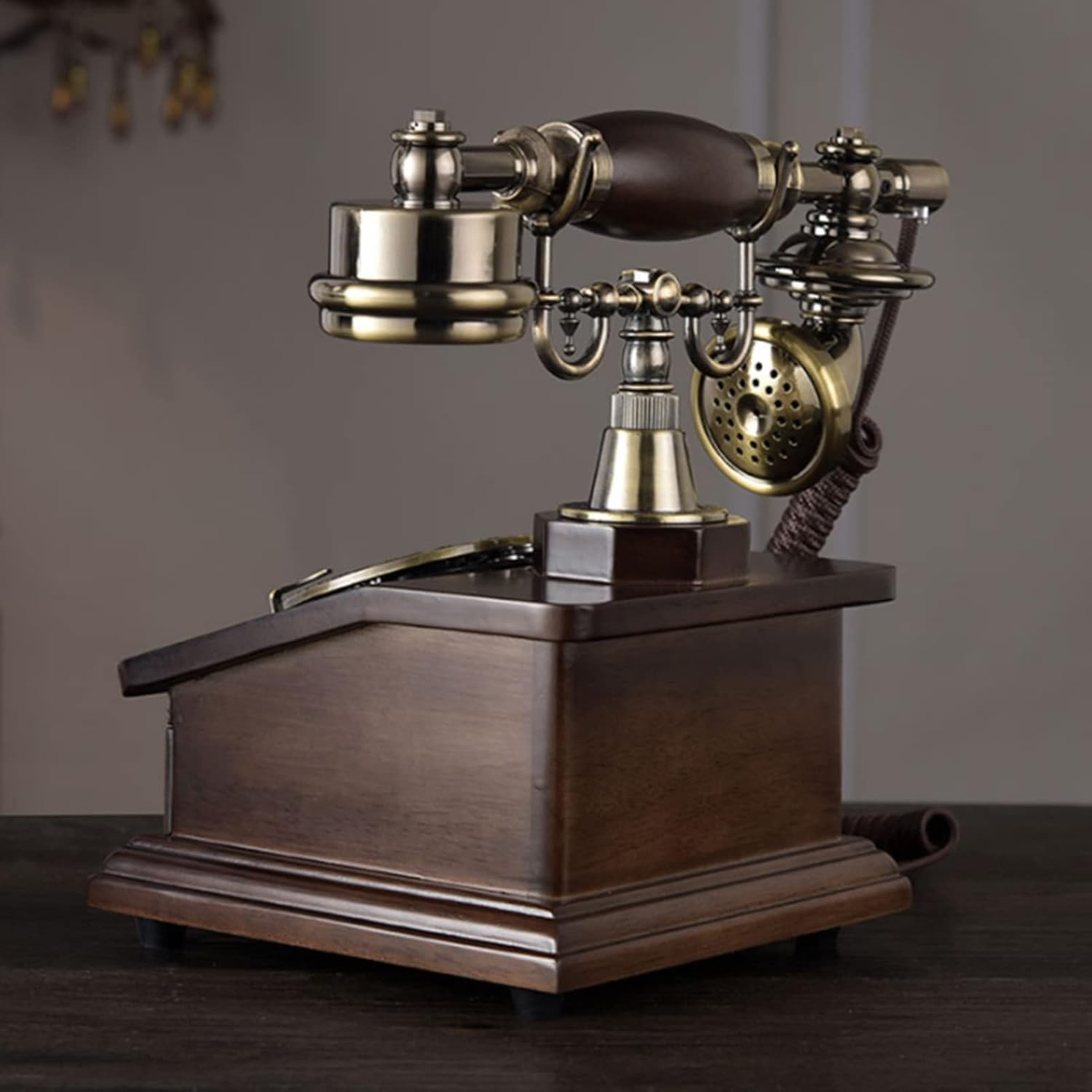 Telefon stacjonarny w stylu vintage, retro telefon przewodowy z drewnianymi szufladami, ergonomiczne uchwyty, wytrzymały do biura, domu, hotelu, galerii