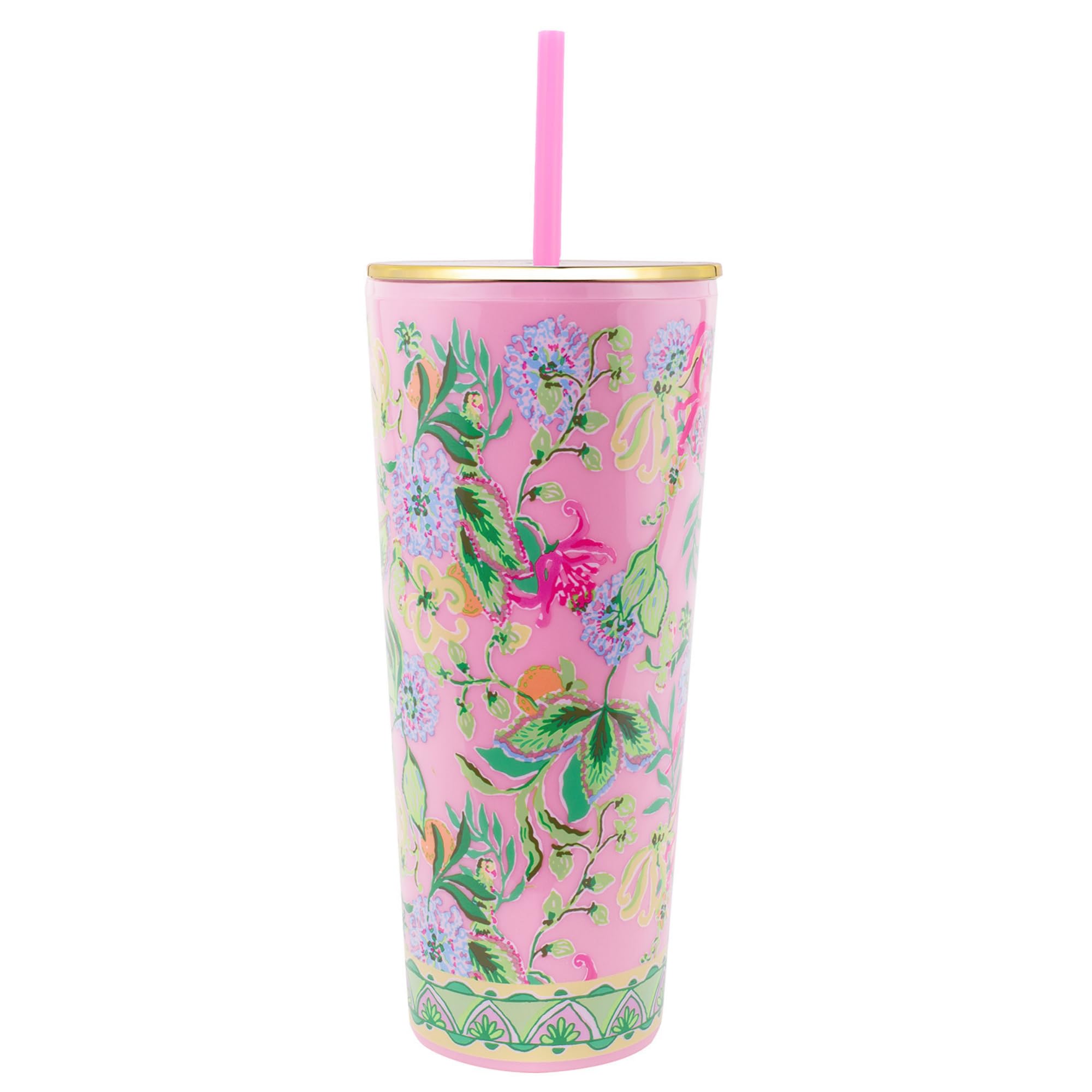 Lilly PulitzerDouble Wall Tumbler with Lid and Reusable Straw, Blue Plastic Cup, Insulated Travel Cup Holds 24 Ounces, Via Amore Spritzer