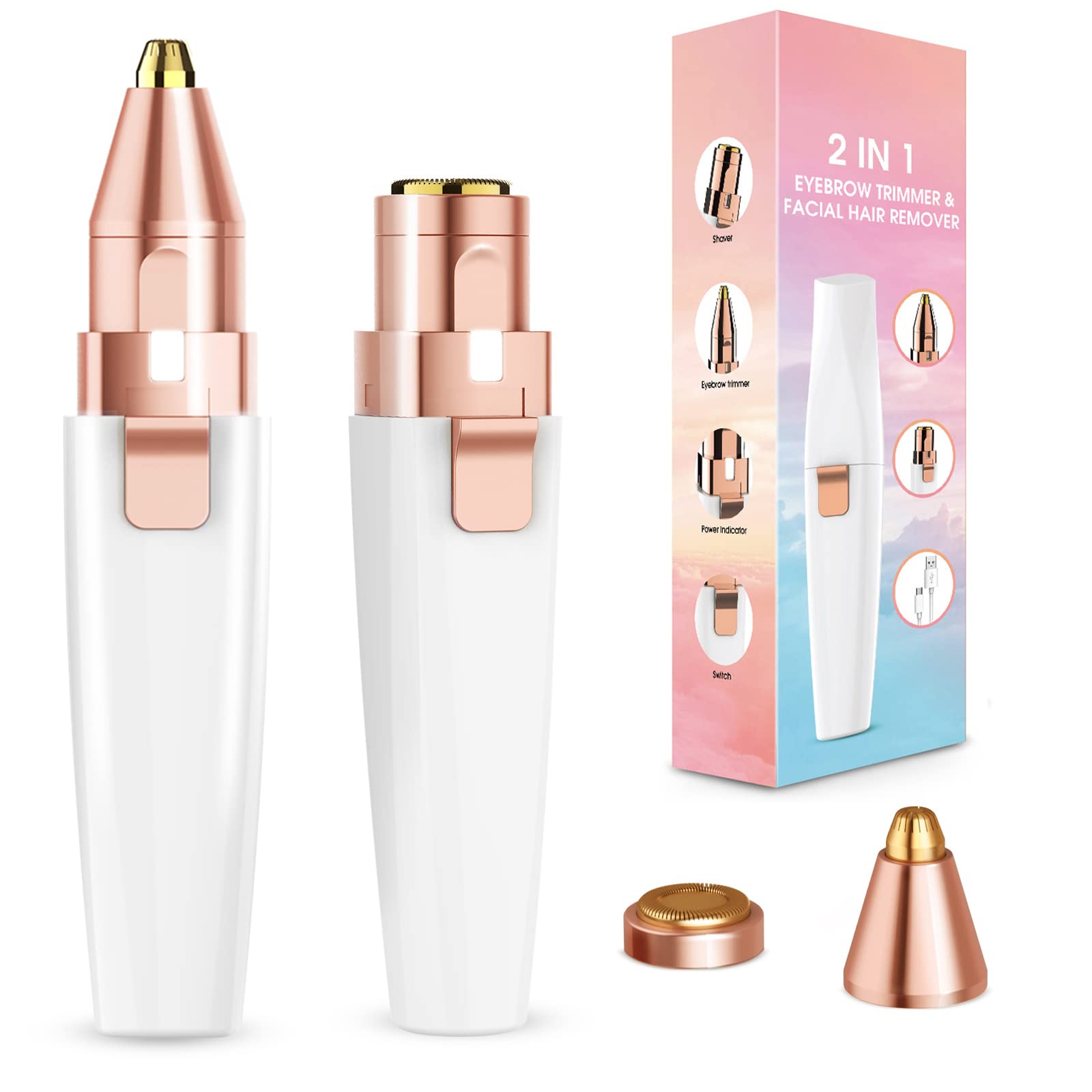 AnyFace Facial Hair Remover & Eyebrow Trimmer for Women, Rechargeable 2 in 1 Face Eyebrow Nose Trimmer with LED Light, Flawless Painless Hair Remover