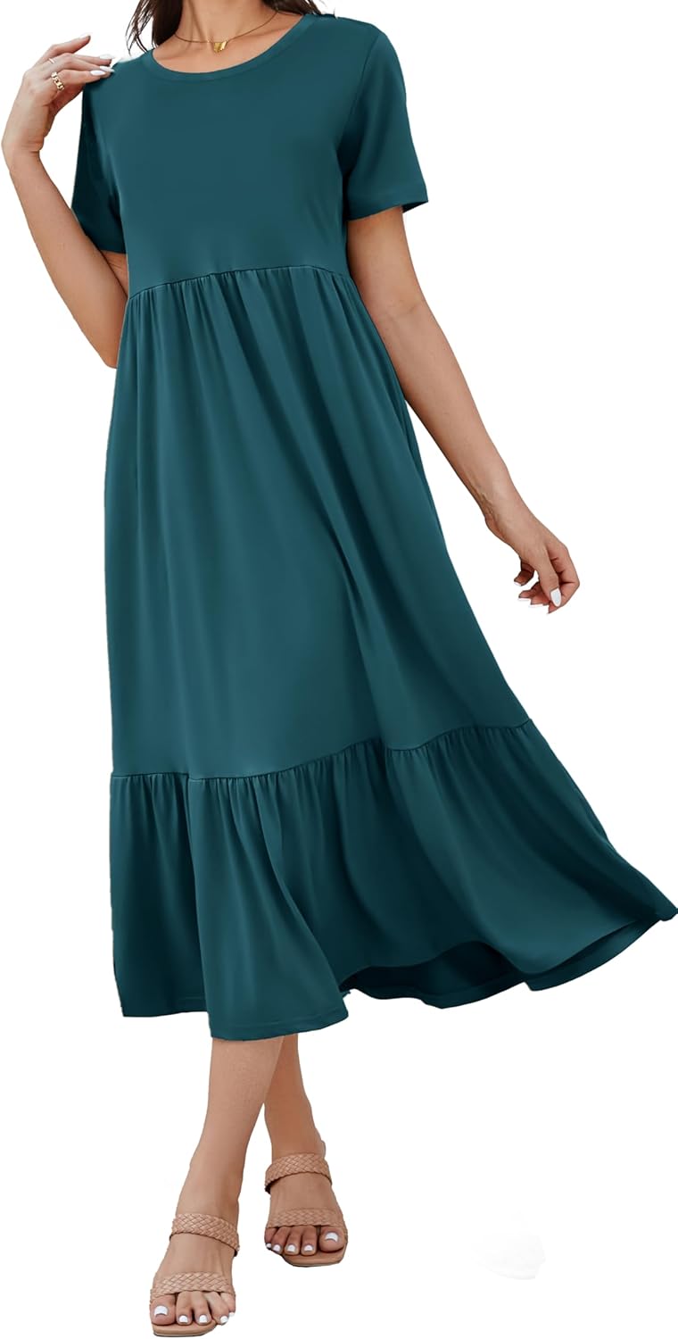 Summer Dresses for Women Flowy Maxi Sundress Short Sleeve Tiered Beach Dress with Pockets 2026 Vacation Travel - Image 5