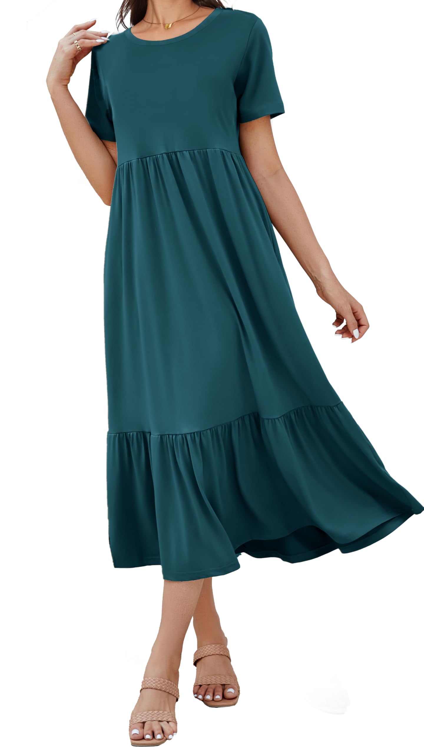 Women's 2025 Summer Short Sleeve Crew Neck Swing Dress Flowy Tiered Maxi Beach Sundress with Pockets