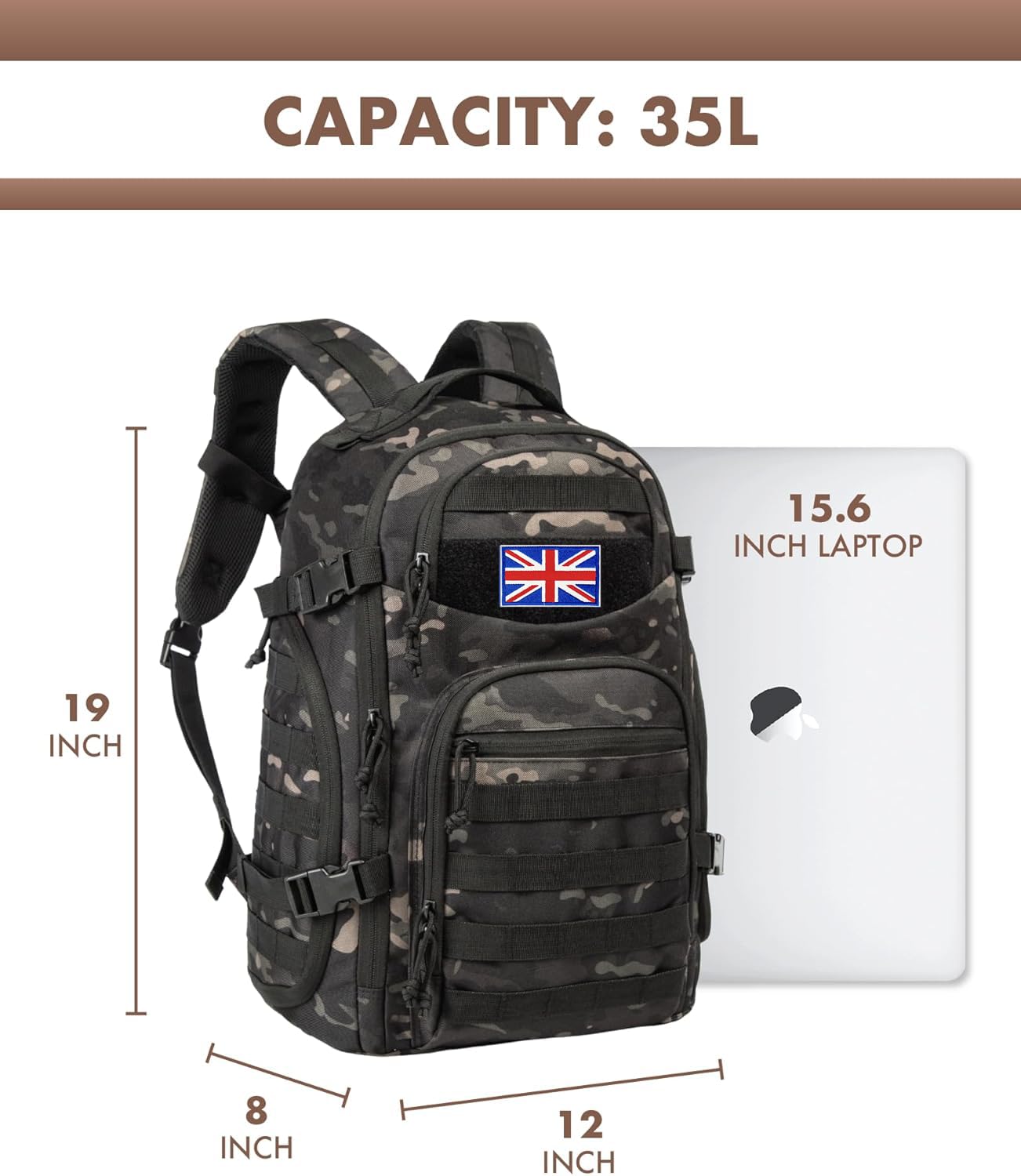 TRAILKICKER Taktischer Laptop-Rucksack, 35 l, Militär, Molle-Armee, Assault Pack, 3 Tage Bug-Out-Tasche, Wandern, Treeking, Camouflage, Jagd-Rucksack für Herren, mit Flagge des Vereinigten Königreichs